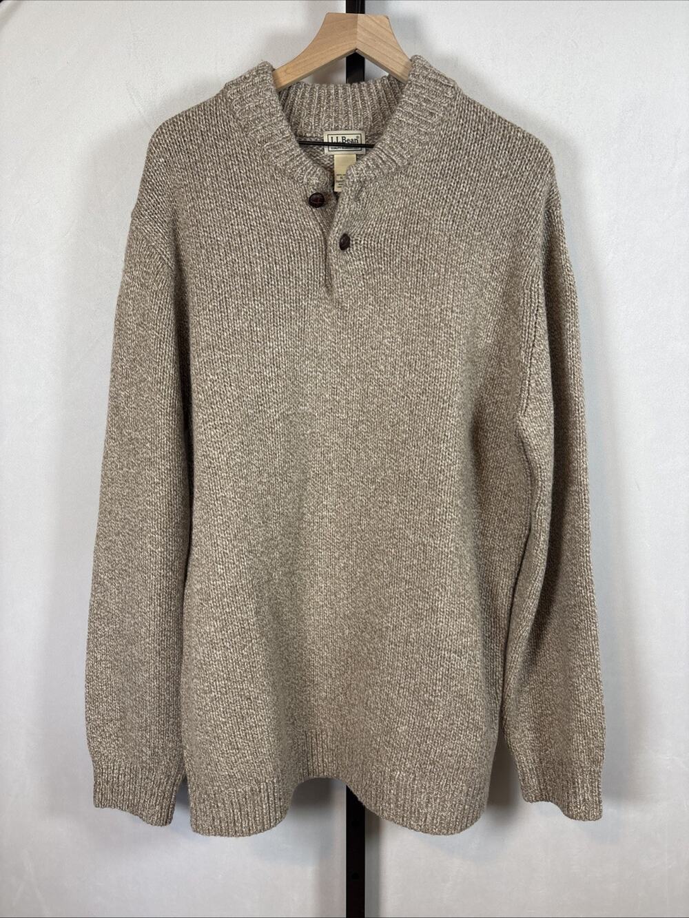 LL Bean Classic Ragg Wool Henley Sweater Mens XLT Beige Lambs Wool Academia Cozy